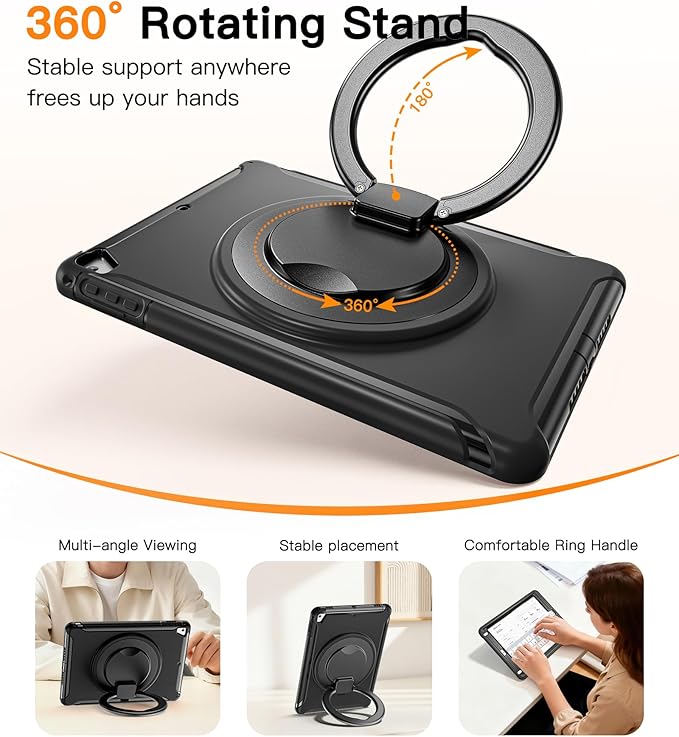 BATYUE Case for iPad 6th Generation 9.7 inch 2018 iPad 5th Gen 2017 iPad Air 2/ iPad Pro 9.7'' Shockproof Protective Cover with Pencil Holder &ampRotating Kickstand for KidsBoysGirls Black