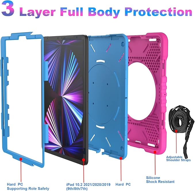 Case for iPad Pro 11 Inch 4th 2022/3rd 2021/2nd 2020/1st Gen 2018 iPad Air 10.9 Inch 2022/2020 5th/4th Generation Case with Pencil Holder/360° Rotating Handle Stand Pink+Blue