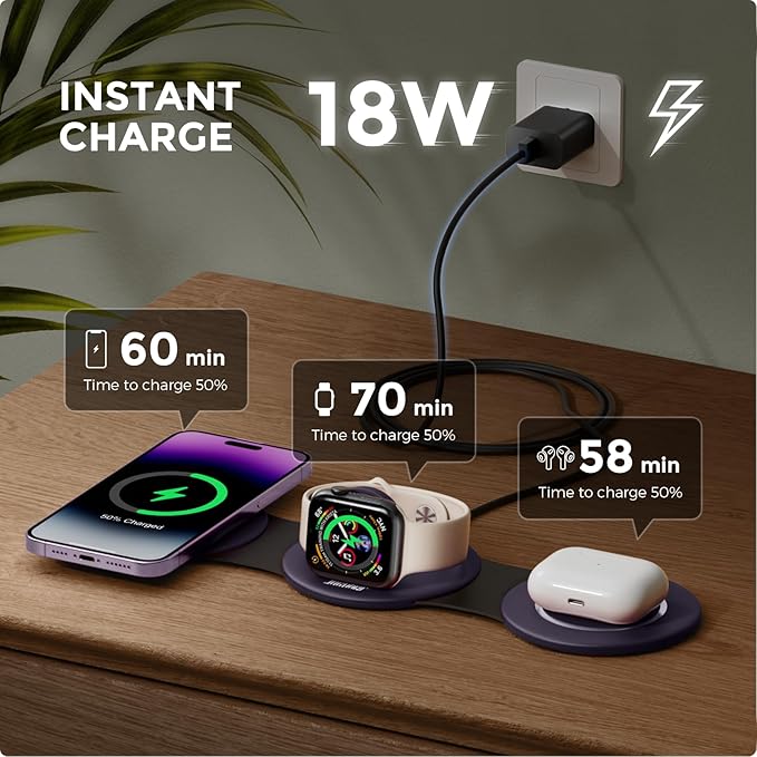 Hicober 3 in 1 Charging Station for Apple Multiple Devices Foldable Travel Wireless Charger 18W for iPhone Air 17 16 15 14 13 Pro Max Plus &ampApple Watch Series/Airpods Purple