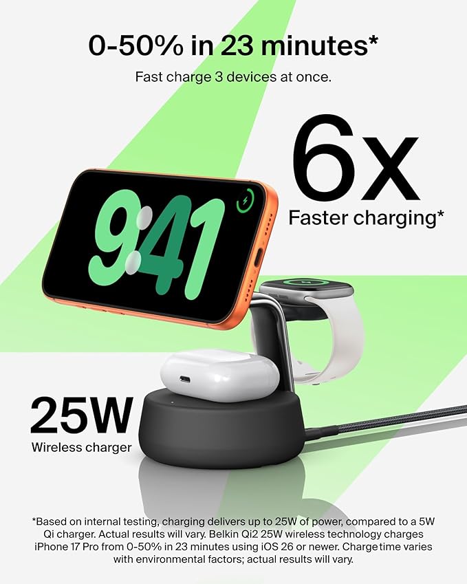 Belkin MagSafe Charger Compatible 3-in-1 Charging Station Qi2.2 25W w/Cooling Fan (On/Off Control) Magnetic Wireless Charger for iPhone 17 Apple Watch AirPods Pixel 10 (45W Adapter Included)