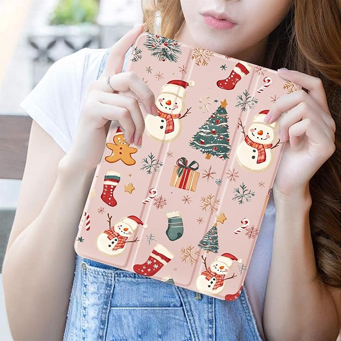 JOYLAND Cute Snowman Pad Case for iPad Air 4/Air 510.9 2022/2020 with Pencil Holder-Auto Wake/SleepChristmas Pattern Anti-Scratch Shockproof Premium Folio Stand Case for iPad Air 11 inch (2024)