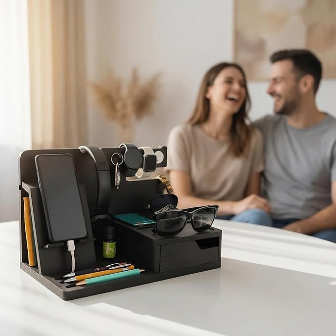 Nightstand Organizer- Bedside Docking Station for Men- Unique Gifts for Husband Father or Dad from Wife Son or Daughter- Desk Organizer for Phone Watches Wallet &amp Accessories (Black)