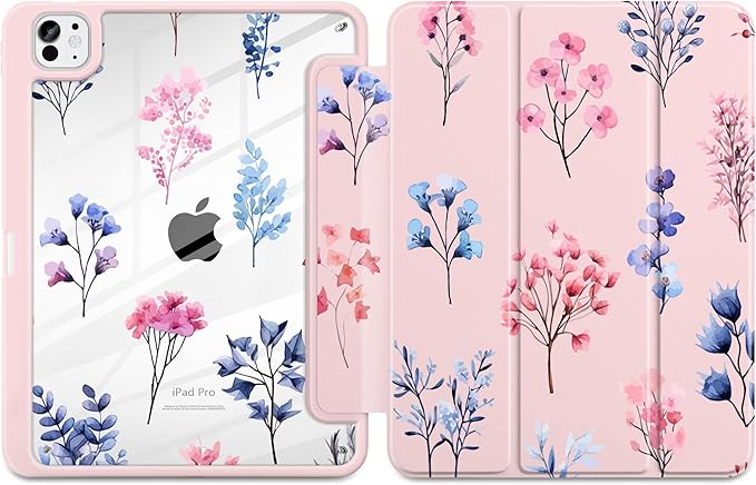 Case for iPad Pro 13 inch (M5) 2025 (M4) 2024 Release Slim Lightweight Cute Light Pink Cover with Clear Back TPU Edge Pencil Holder Trifold Stand Hand-Drawn Florals