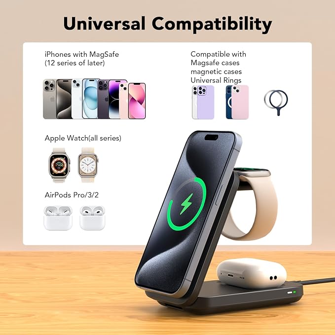 Qi2 [Certified] 3 in 1 Charging Station Compatible with Apple MagSafeMagnetic 15W Foldable Fast Wireless Charging Stand for iPhone 17/16/15/14/13/12 iWatch 11 Air-Pods Charger(with 30W PD Adapter)