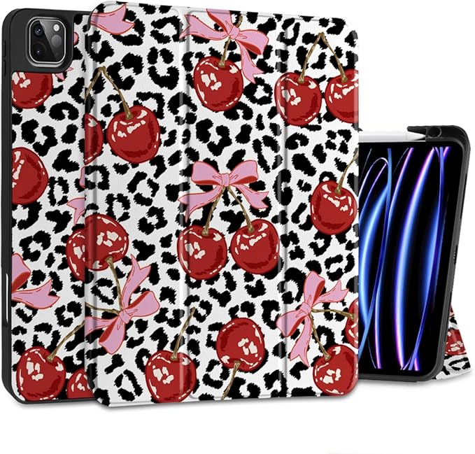 MEEgoodo for iPad Pro 12.9 Case M2 6th/5th/4th/3rd Generation 2022 2021 2020 2018 with Pencil Holder Tablet Cover with Soft TPU Back Shell Leopard &amp Cherry