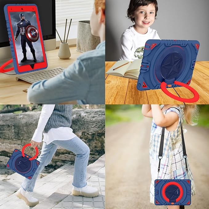 XZC iPad 9th/ 8th/ 7th Generation Case (iPad 10.2 Case 2021/2020/2019) Heavy Duty Shockproof Rugged Cover with Rotating Stand/Pencil Holder/Carrying Shoulder Strap (Blue and Red)