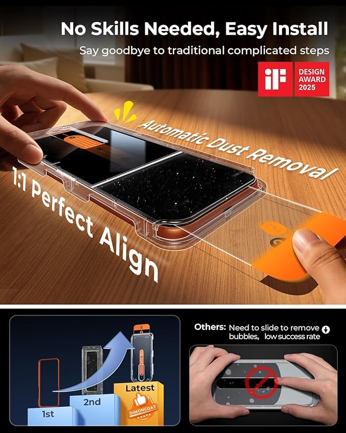 DIMONCOAT TOP 9H+ Glass for iPhone 17 Pro Screen Protector [Easy One-Pull Installation] [10X Military Protection] Tempered Glass Screen Protector 17 Pro 6.3 inch Case-Friendly 2-Pack
