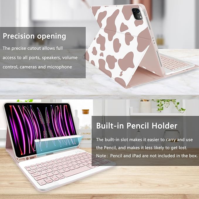 TopPerfekt for iPad Pro 11 4th/3rd/2nd/1st Gen (2022/2021/2020/2018) Keyboard Case Magnetically Absorbent Auto Sleep/Wake Support 2nd Gen Pencil Wireless Charge with Pencil Holder - Brown Cow
