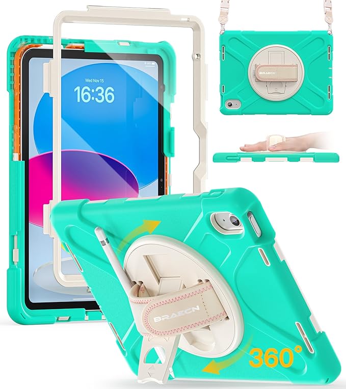 BRAECN for iPad (A16) 11th/10th Generation case 11/10.9 inch 2025/2022 Heavy Duty Shockproof Protective with Pencil Holder Screen Protector 360°Rotating Stand Handle &amp Shoulder Strap Full Body Cov