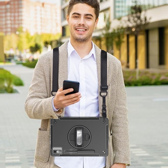Junfire Protective Case for Lenovo Tab P12 12.7-inch 2024/2023 Shockproof Lenovo P12 Case with 360°Rotating Kickstand/Hand Strap/Shoulder Strap/Stylus Holder-Black