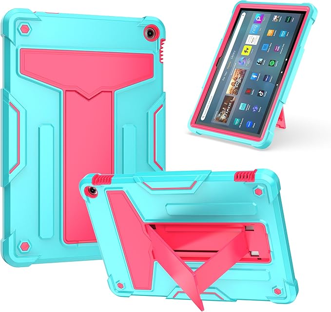 Case for Amazon Fire HD 10 Tablet 10.1 Inch Display (13th Generation 2023 Released) - Heavy Duty Hybrid Kickstand Case Cover + 1 Screen Protector and 1 Random Stylus (Teal/Pink)