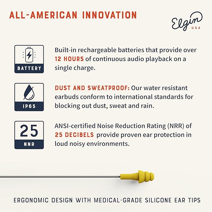 Elgin Ruckus Wireless Bluetooth Earplug Headphones 25 dB NRR Noise Canceling Mic 12-Hour Battery IP65 Sweatproof Compliant with OSHA Hearing Safety Standards