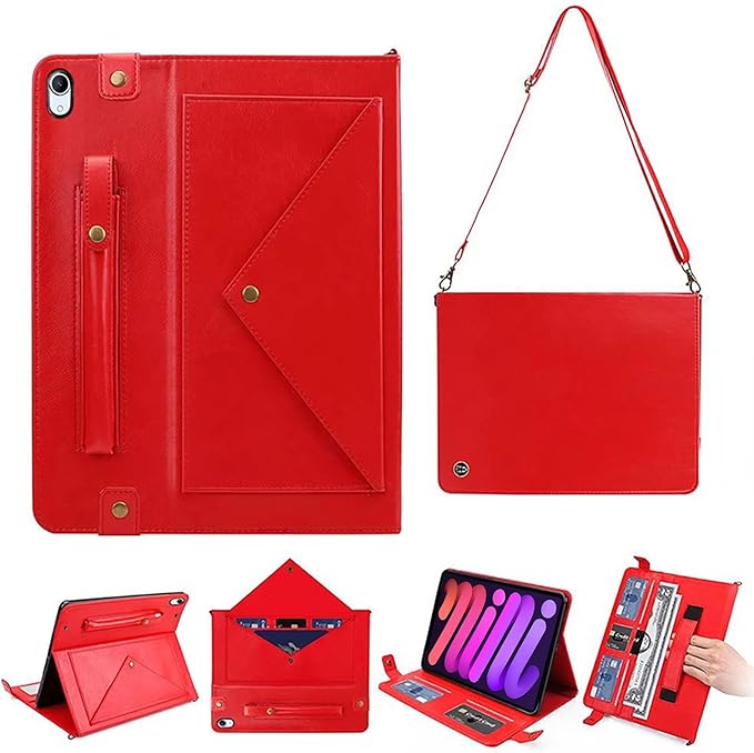 Tablet Carrying Shoulder Bag Case for Apple iPad mini 7th 6th Generation 8.3 Inch PU Leather Hand Strap Crossbody Shoulder Strap Cards Holder Pocket S Pen Holder Stand Case Red