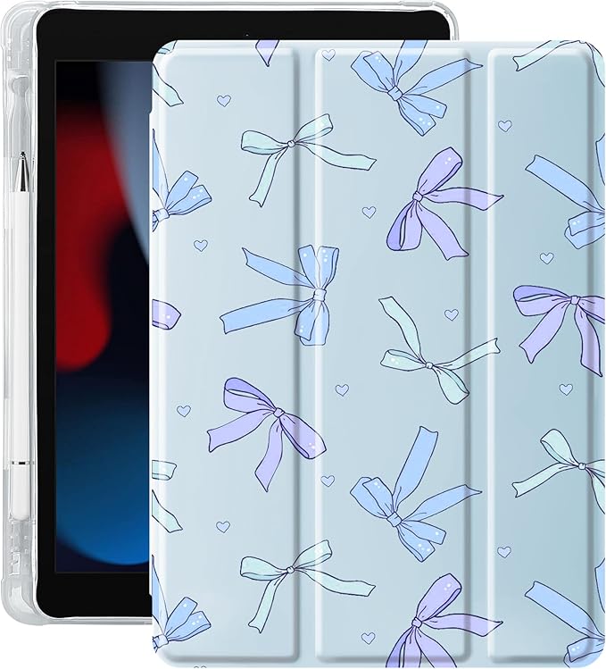 Idocolors Case for iPad 11 inch (A16 Chip) 2025 Generation 11th / iPad 10.9 inch 2022 10th Gen Built-in Pencil Holder with Soft TPU Shockproof Back Shell Auto Wake/Sleep Blue Bow-Pink