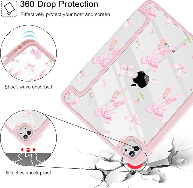 May Chen Case for iPad Pro 11-Inch M5/M4 2025/2024 (6th/5th Generation) [Penceil Holder] Trifold Stand Auto Wake/Sleep Clear TPU Protection Back Cover Ballet Shoes