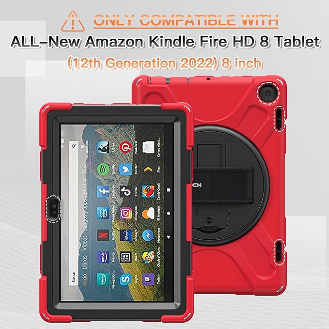 BRAECNstock for Amazon Fire HD 8 Tablet Case 12th Generation 2024/2022 8 inch with Rotating Hand Strap + Stand Shoulder Strap Pen Holder Shockproof Protective Kindle Fire HD 8 12th Gen Kids Case - Red