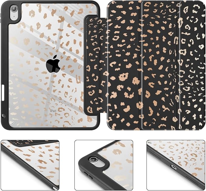 May Chen Case for iPad Air 13 Inch M4 2026 M3 2025 M2 2024 [Built-in Pencil Holder] Shockproof Cover with Clear Transparent Back Shell Auto Sleep/Wake Cover Leopard Print