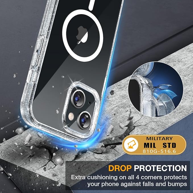Miracase for iPhone 13 Case 6.1'' [Bubble Free] Full-Body Bumper Phone case with Built-in Full Glass ScreenNo GapCompatible with MagSafeDrop Proof 13 CoverClear Glitter