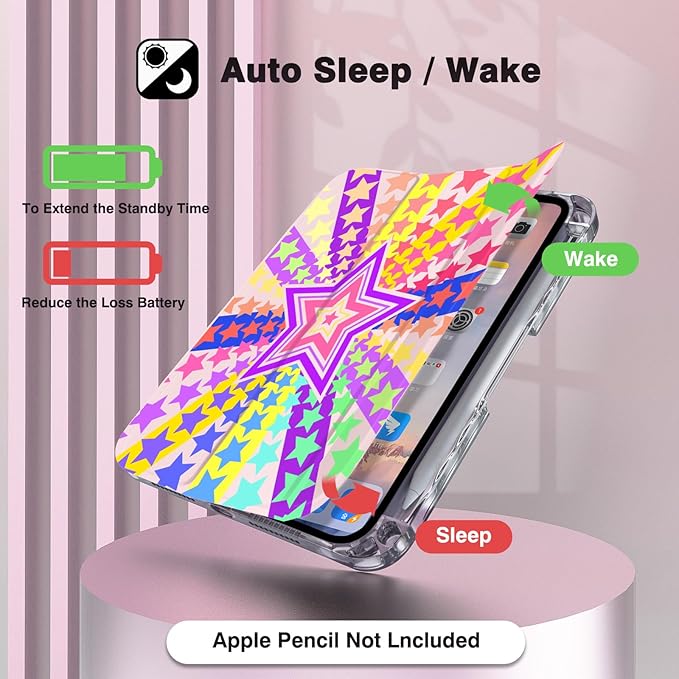 Y2K Rainbow Starburst iPad mini Case for Girls – Colorful Five-Point Star Design with Pencil Holder Auto Wake/Sleep &amp DIY Stickers Retro Pop Art Protective Cover for iPad mini 6/7