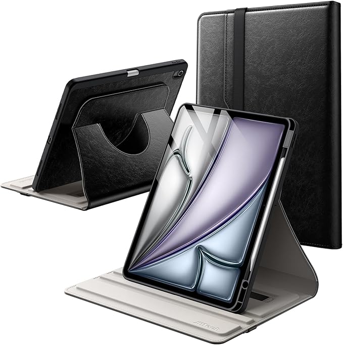 JETech Rotating Case for iPad Air 13-Inch M4/M3/M2 (2026/2025/2024) with Pencil Holder 360 Degree Rotation PU Leather Folio Protective Cover (Black)
