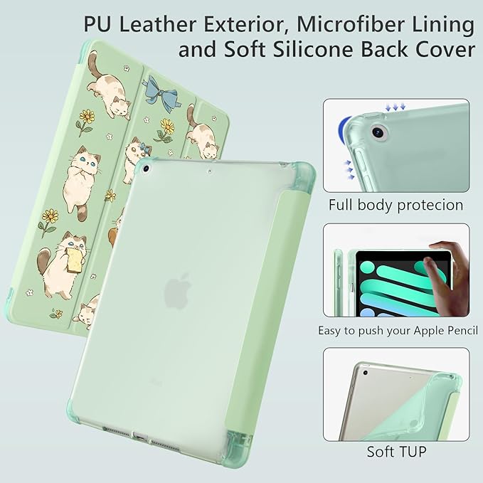 Cue Kawaii Kitten Cat for iPad Air 3 Case with Pencil Holder Auto Sleep/Wake Green Leather Soft TPU Back Cover for iPad Pro 10.5 Inch 2017