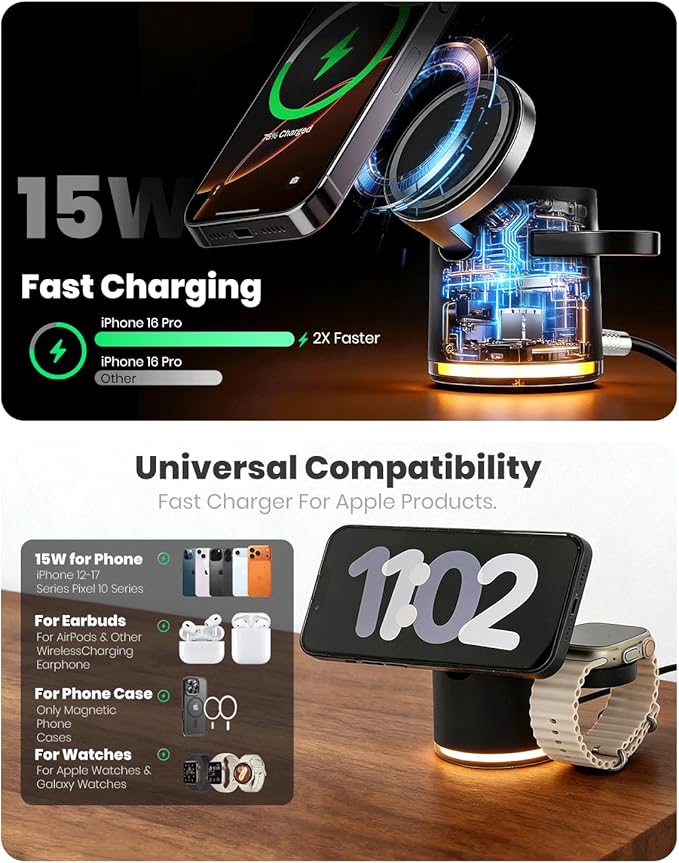 C16 4-in-1 Foldable Magnetic Wireless Charger Qi2 Certified 23W Fast Charging Station with Warm White LED Night Light Portable Travel Charger for Apple &amp Samsung Devices