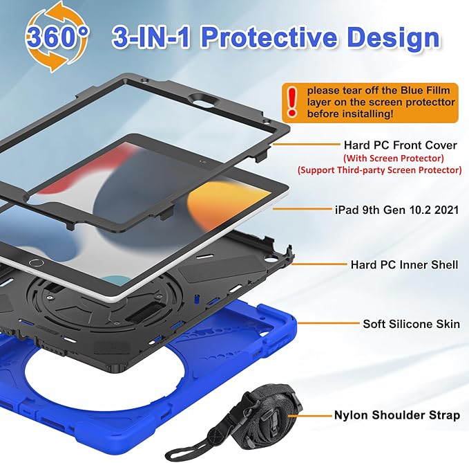 BRAECNstock for Apple iPad 9th/ 8th/ 7th Generation Case 10.2 2021/2020/2019 Shockproof Protective iPad 10.2 inch Kids Case with Screen Protector Pencil Holder Rotating Stand+Hand Strap Blue