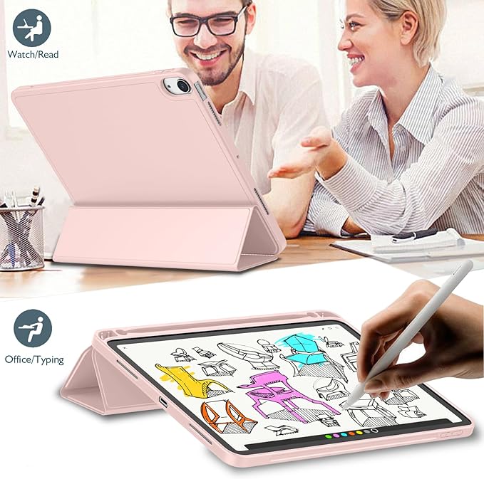 iMieet iPad Air 11 Inch Case M4/M3/M2(2026/2025/2024) iPad Air 5th/4th Generation Case 2022/2020 10.9 Inch with Pencil HolderTrifold Stand Smart Case with Soft TPU Back(Rose Pink)