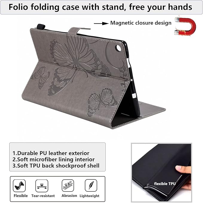 Kindle Fire HD 10 Tablet 2019/2017 Case 9th/7th Generation 10.1 with Pencil Holder Pockets [Auto Sleep/Wake] Folio Stand Embossed PU Leather Magnetic Smart Wallet TPU Cover Gray Butterfly