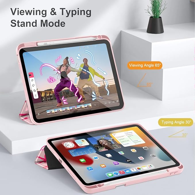 May Chen for iPad Air 11-inch M4/M3/M2 (2026/2025/2024) iPad Air 5th/4th 10.9 Inch - Shockproof Cover with Clear Back Shell &amp Penceil Holder Auto Wake/Sleep Stand Cover Bow Ribbon
