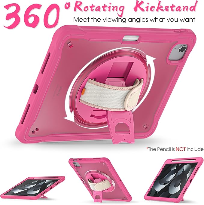 BRAECNstock Case for iPad Air 11-inch M4 2026/ M3 2025/ M2 2024 and Air 5th/4th Gen 10.9‘’ &amp Pro 11-inch 1st-4th 2018-2022 Kids Cover with Pencil HolderScreen ProtectorHandle Stand-Rose Red