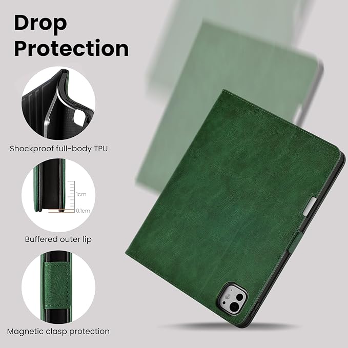Handmade Case for iPad Pro 11 Inch (M5/M4) 2025/2024 with Pencil Holder PocketMagnetic ClosureAuto Sleep/WakeVegan Leather Folio Protective CoverMulti Angles StandGreen