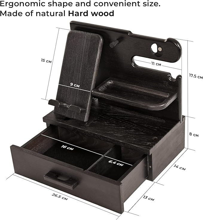 TESLYAR Wood Phone Docking Station with Drawer - Nightstand Organizer - Desk Organizer for Husband - Birthday Gifts for Men Dad Anniversary Idea Key Holder Stand Watch &amp Accessories (Granite Bl