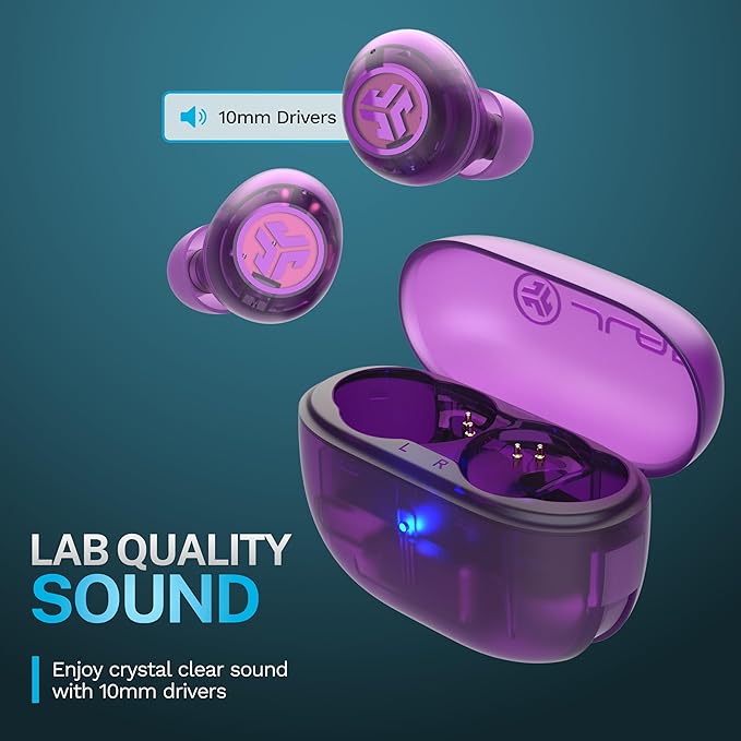 JLab Go Pop ANC True Wireless Earbuds &amp Charging Case Transparent Purple Active Noise Cancelling 10mm Drivers Dual Connect Customize Your Sound with App Be Aware Mode MEMS Microphone