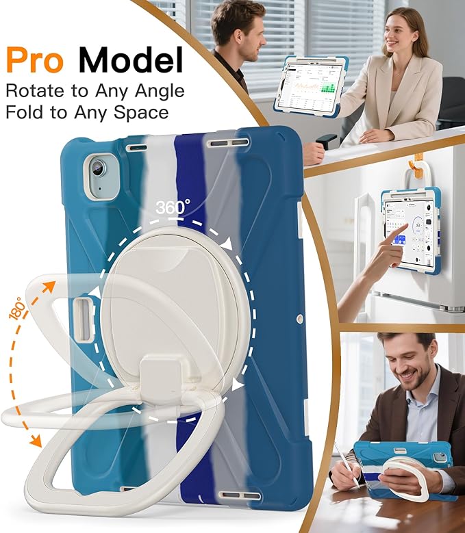 BATYUE Case for Air 11-inch M4 (2026)/ M3 (2025)/ M2 (2024) iPad Air 5th/4th 10.9 inch(2022/2020) iPad Pro 11 4th/3rd/2nd/1st Kid Cover with 360° Rotating Stand Pencil Holder Strap Blue