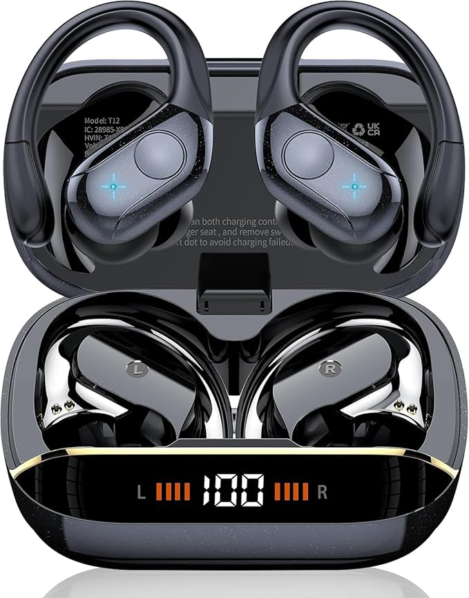 Wireless Earbuds Bluetooth 5.4 Headphones 75H Stereo Deep Bass Sports Over Ear Buds with Earhooks LED Display Bluetooth Earbuds with 4 ENC Mic IP7 Waterproof Earphone for Running Black
