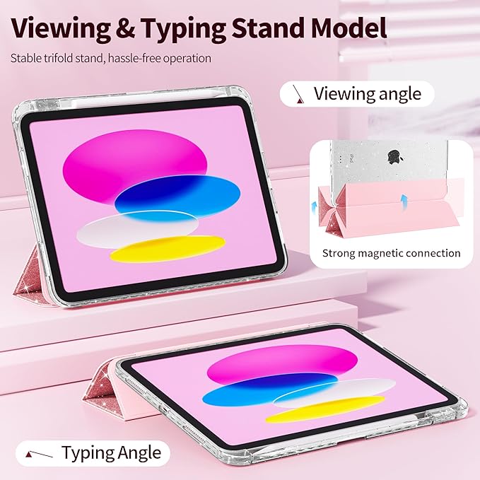 Tuiklol Sparkly Case for iPad (A16 Chip) 11th Gen 11 inch 2025 / iPad 10th Gen 10.9 inch 2022 Built in Pencil Holder with Glitter Clear Back Shell Cover Trifold Stand Auto Wake/Sleep Sparkly-Pink
