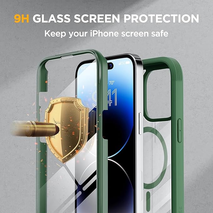 Miracase Magnetic for iPhone 14 Pro Case 6.1 inch (Compatible with MagSafe) Upgrade Full-Body Clear Phone Bumper Case with Built-in 9H Tempered Glass Screen Protector Magnetic Acacia Green