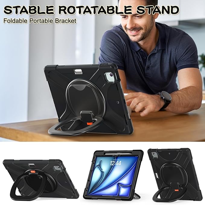 SCSVPN Case for iPad Air 13 inch M4 2026 /M3 2025/M2 2024 &amp iPad Pro 12.9 Case 6th/5th/4th/3rd Gen 2022 2021 2020 2018 Drop Protective Cover with Pencil Holder Stand Handle Shoulder Strap - Bl