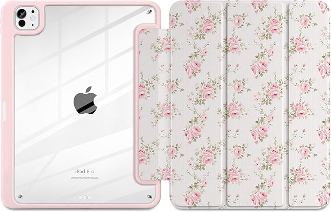 Case for iPad Pro 11 Inch (M5 2025 M4 2024) – [Built-in Pencil Holder] Shockproof &amp Stylish Clear Hard Back + Soft TPU Edge Magnetic Trifold Stand Auto Wake/Sleep Little Rose