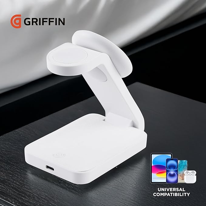 Griffin - 4-in-1 Wireless Charger Stand Magnetic Wireless Station with 15W Fast Phone Charger 3W Headphone and 2W Smartwatch Charging with Night Light