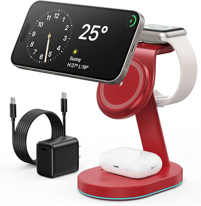 3 in 1 Wireless Charger Charging Station for iPhoneQi2 Certified 15W Magnetic Charging Stand for Mag-Safe with 30W USB C Adapter&ampFriendly Night Light for iPhone 16/15/14/13/12Apple WatchAirPods