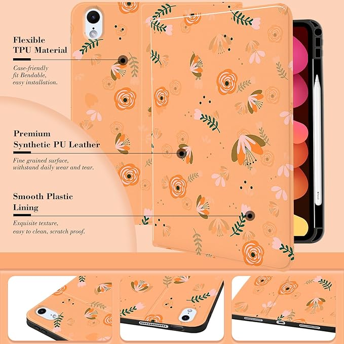 MAYCARI Fall Orange Leaves Flowers iPad Case for iPad mini 6 2021 8.3 Inch with Pencil Holder Handmade iPad mini 6th Generation Case Autumn Fine Grained iPad Protecitve Hard Case with Auto Wake/Sleep