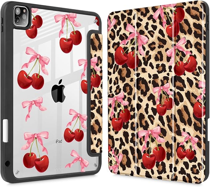 May Chen for iPad Pro 11 inch M2 4th Generation 2022 iPad Pro 11 3rd/2nd/1st Gen Built-in Pencil Holder with Shockproof Cover Clear Transparent Back Shell Auto Wake/Sleep Cherry &amp Cheetah