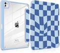 TWOLSKOO Case for iPad Pro 11-inch (M5 2025 / M4 2024) Clear Acrylic Back with TPU Bumper Pencil Holder Trifold Stand Auto Sleep/Wake Blue Wavy Checker