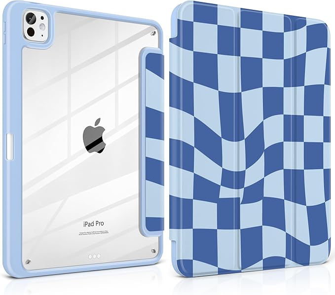 TWOLSKOO Case for iPad Pro 11-inch (M5 2025 / M4 2024) Clear Acrylic Back with TPU Bumper Pencil Holder Trifold Stand Auto Sleep/Wake Blue Wavy Checker