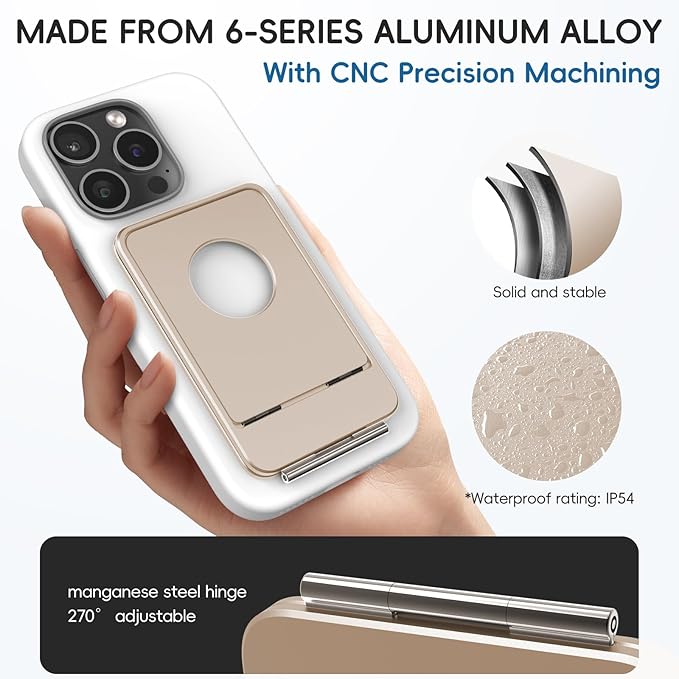 Cell Phone StandAdjustable Height and Angle Foldable Phone Holder for Desk Aluminum Cell Phone HolderStrong Magnetic Phone Stand Compatible with iPhone 16/15/14/13/12 Series (Desert Gold)