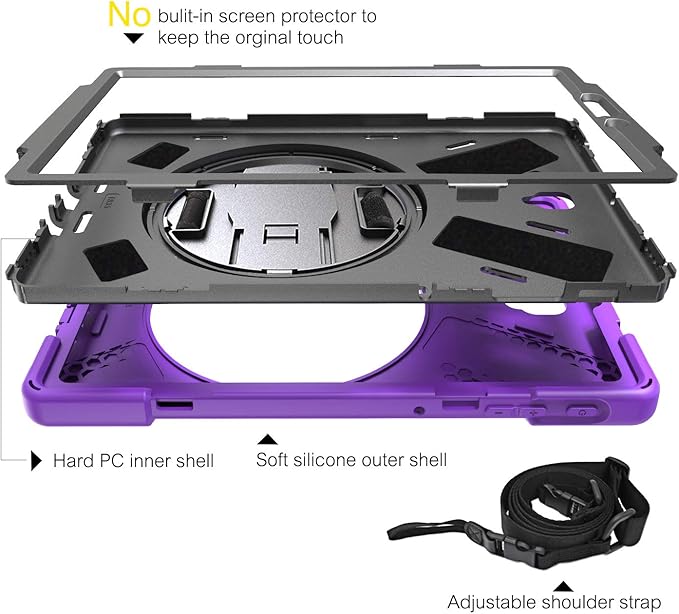 BRAECN for Galaxy Tab S4 10.5 Tablet Case BRAECN Three Layer Hybrid Shock-Proof Case with 360 Degree Rotating KickstandHand StrapShoulder Strap for Samsung Galaxy Tab S4 SM-T837/T835/T830(Purple)