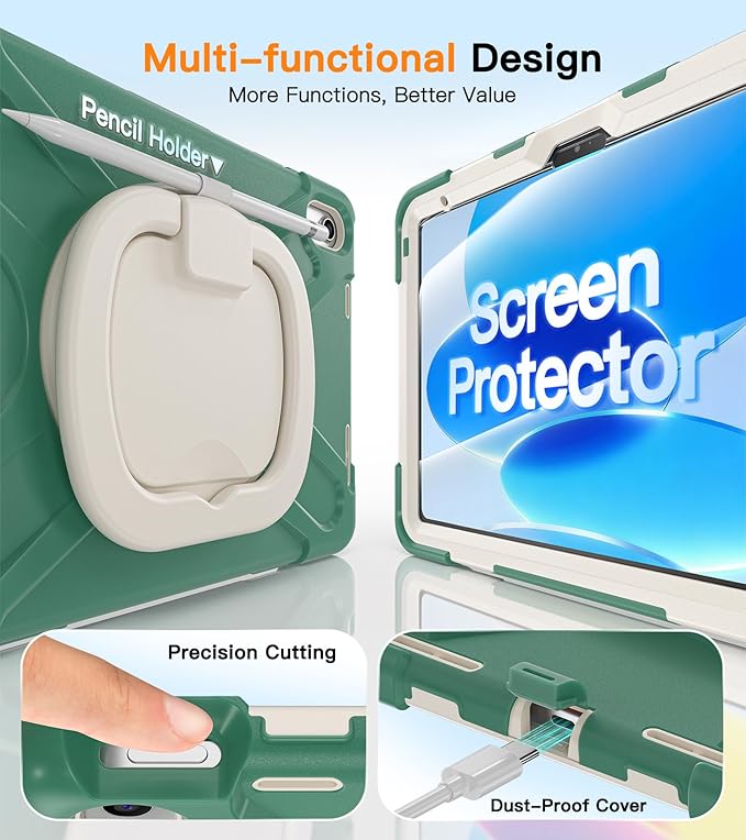 BATYUE Case for iPad (A16) 11th/10th Gen 11''/10.9'' 2025/2022 - Heavy Duty Shockproof Cover with 360° Rotating &amp 180° Folding Stand Screen Protector Shoulder Strap &amp Pencil Holder | Emerald