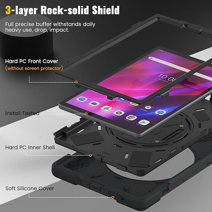 DreamerX Kids Case for Lenovo Tab K10 2021 / M10 FHD Plus 2nd Gen 10.3-inch 2020 Rugged Silicone Case Cover with Stand Hand/Shoulder Strap for 10.3 Tab K10 TB-X6C6L TB-X6C6F M10 Plus TB-X606F Black
